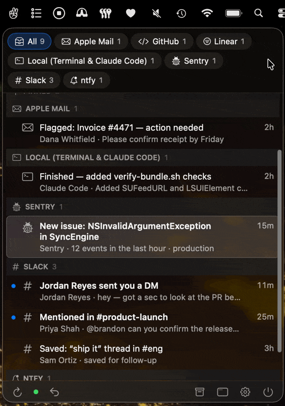 The Inbox & Chill menu bar panel, animated. Filter tabs across the top read All, Apple Mail, GitHub, Linear, Local (Terminal & Claude Code), Sentry, Slack and ntfy. The demo switches between tabs and clears items from the queue.